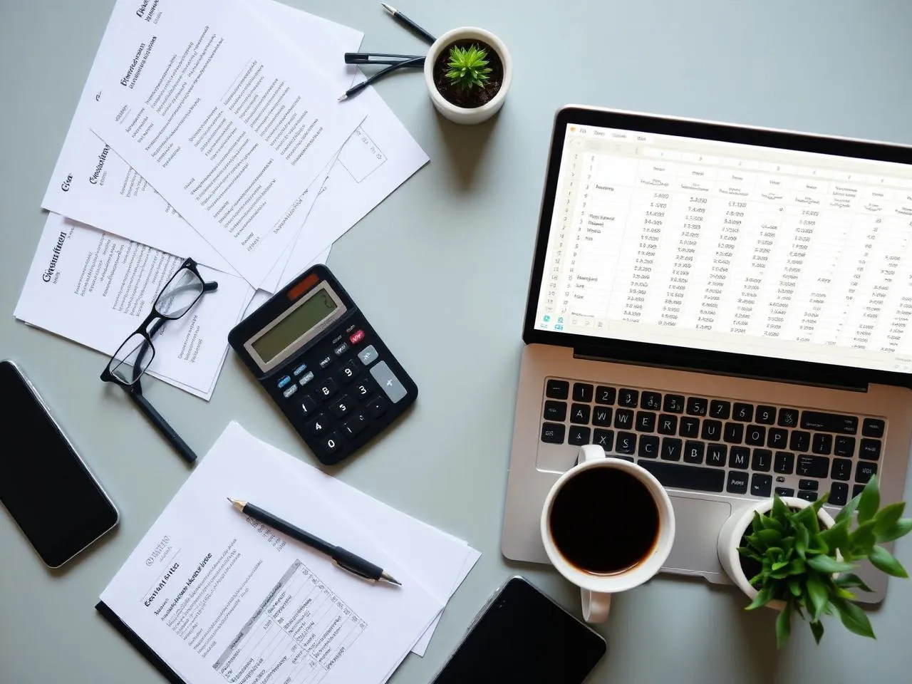 Bureau met financiële documenten, rekenmachine en laptop